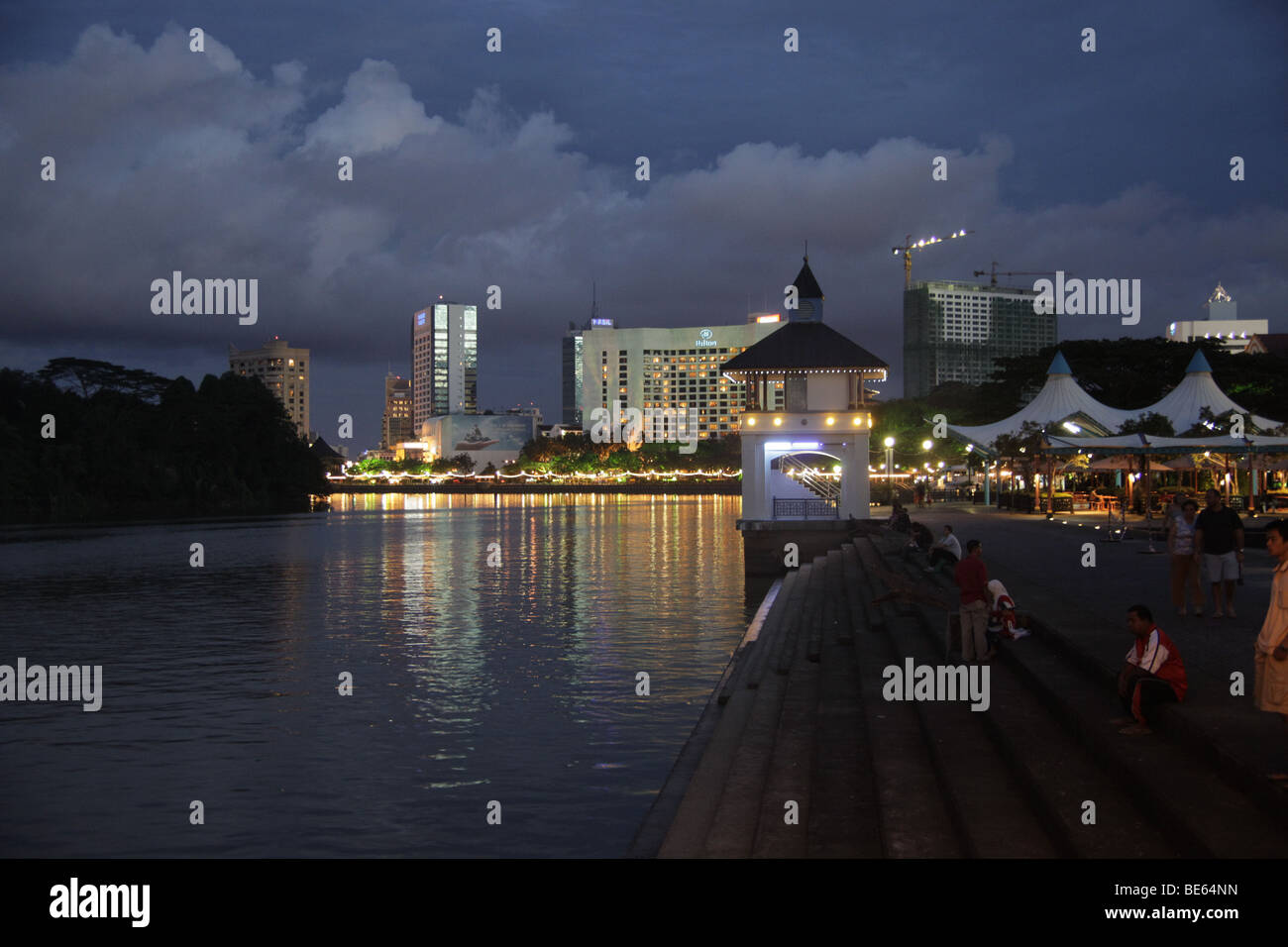 Dusk at the Kuching Waterfront on the Sarawak River, Kuching, Sarawak, Borneo, Malaysia, Southeast Asia Stock Photo