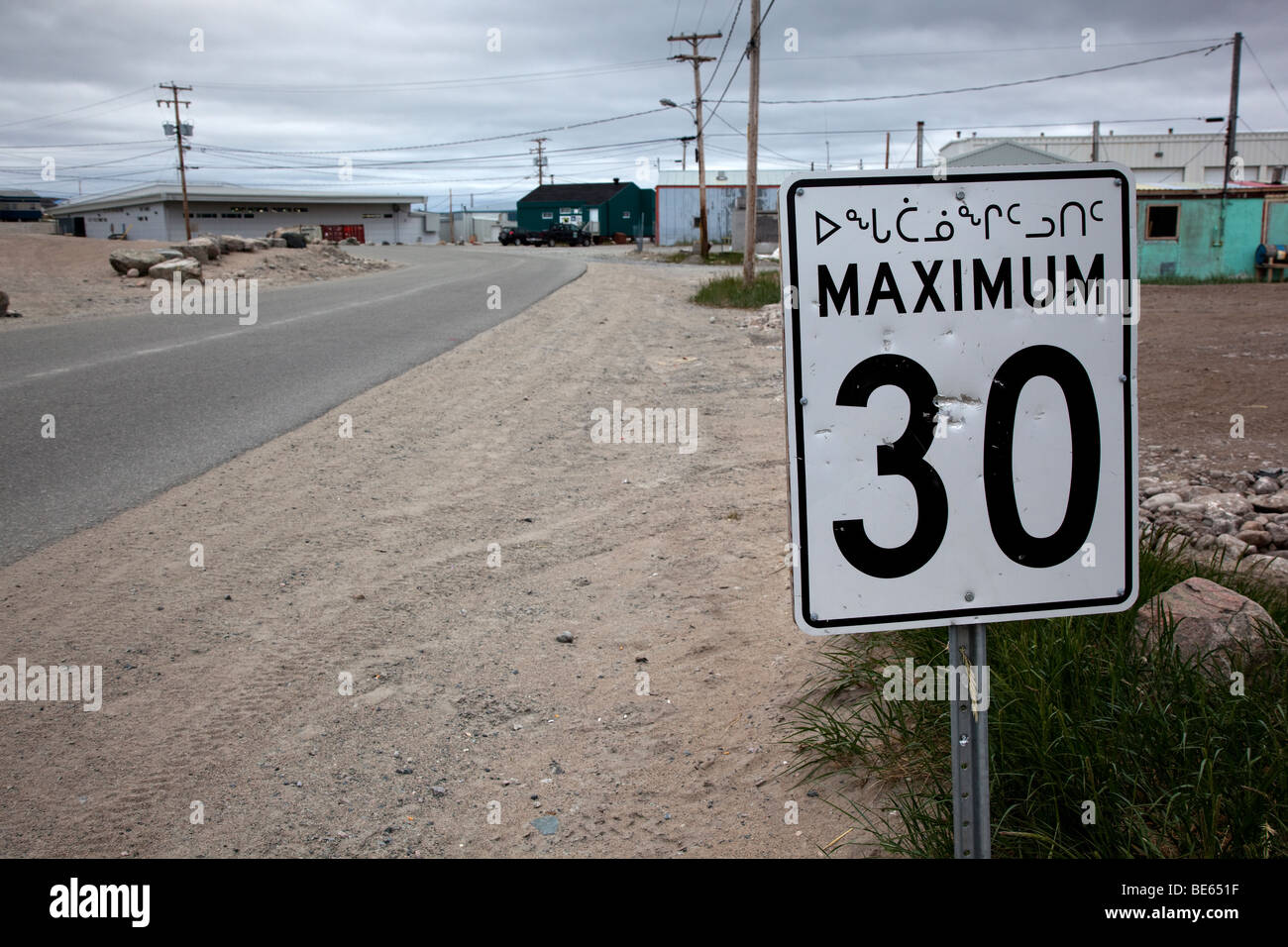 Road sign at Inujuak, Hudson Bay, Canada Stock Photo