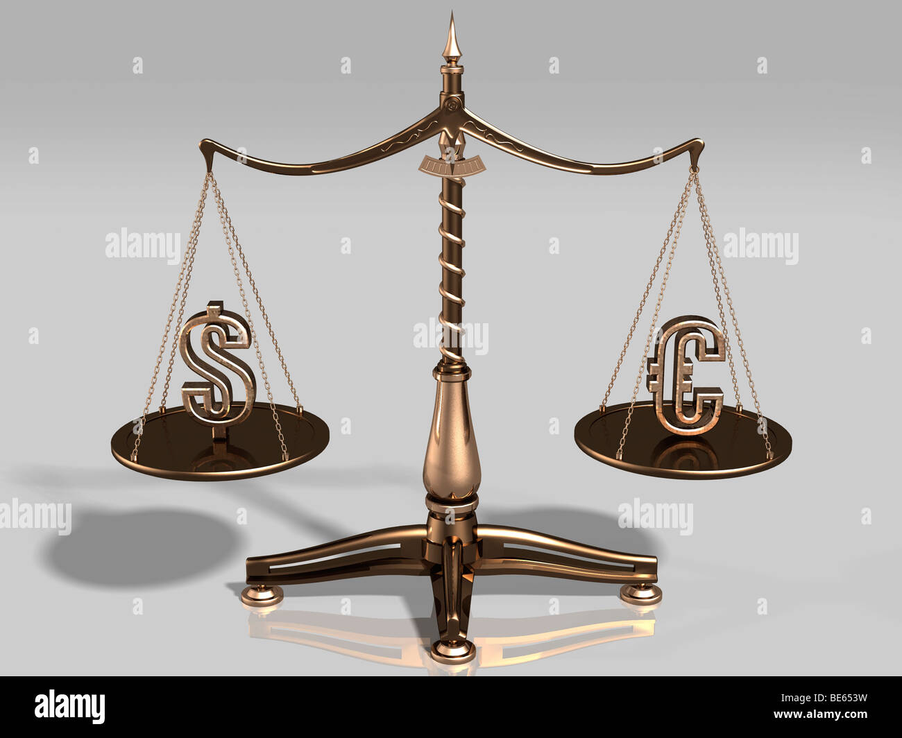 Brass scales with US dollar and euro symbols Stock Photo