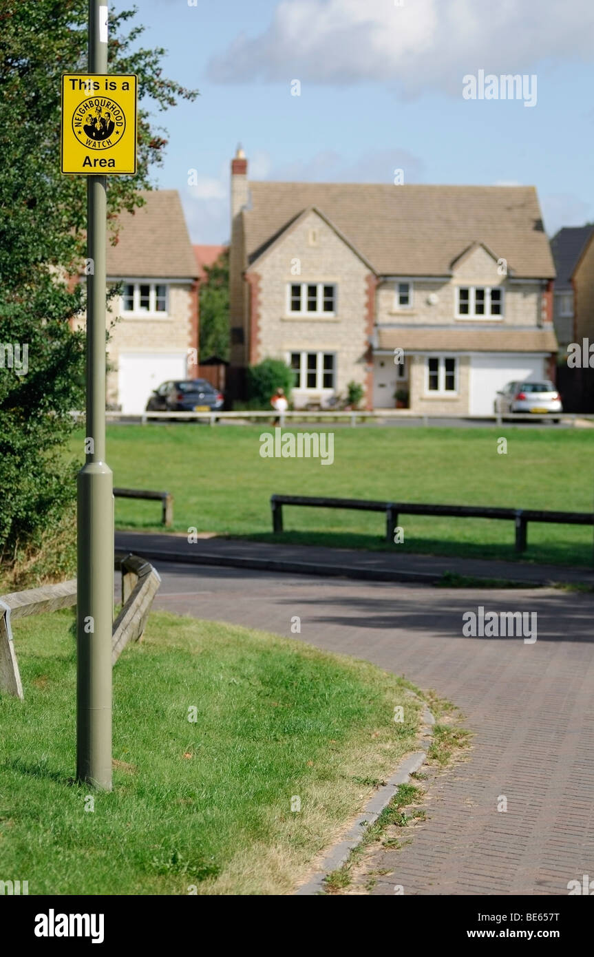 Neighborhood Watch Area with Notice Sign, Oxfordshire, United Kingdom. Stock Photo