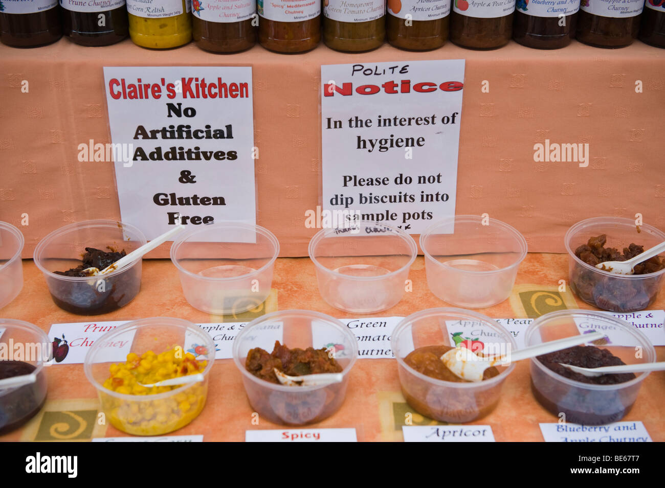 Hygiene notice on chutney stall at Abergavenny Food Festival Monmouthshire South Wales UK Stock