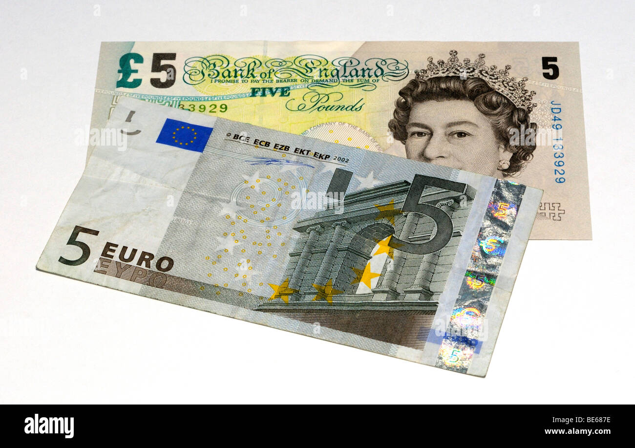 Euro and United Kingdom Pound Bank Notes. Stock Photo
