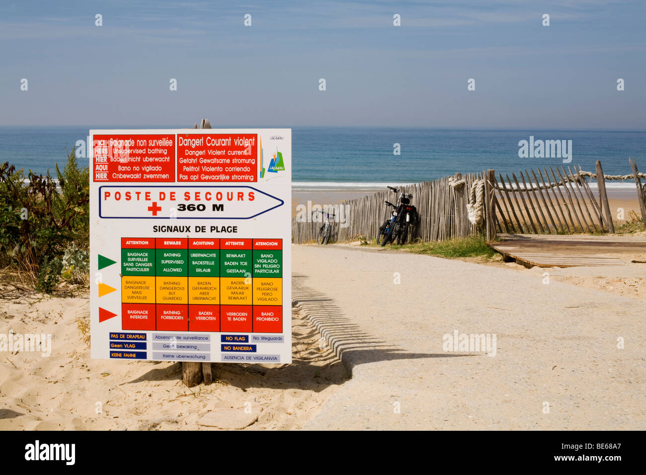 Warning sign for unsupervised swiming on the beach at Lacanau Ocean on the Atlantic south west coast of France Stock Photo