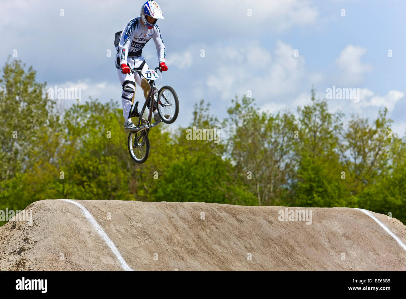 Jumping competitor at the BMX Supercross World Cup in Copenhagen, Denmark, Europe Stock Photo