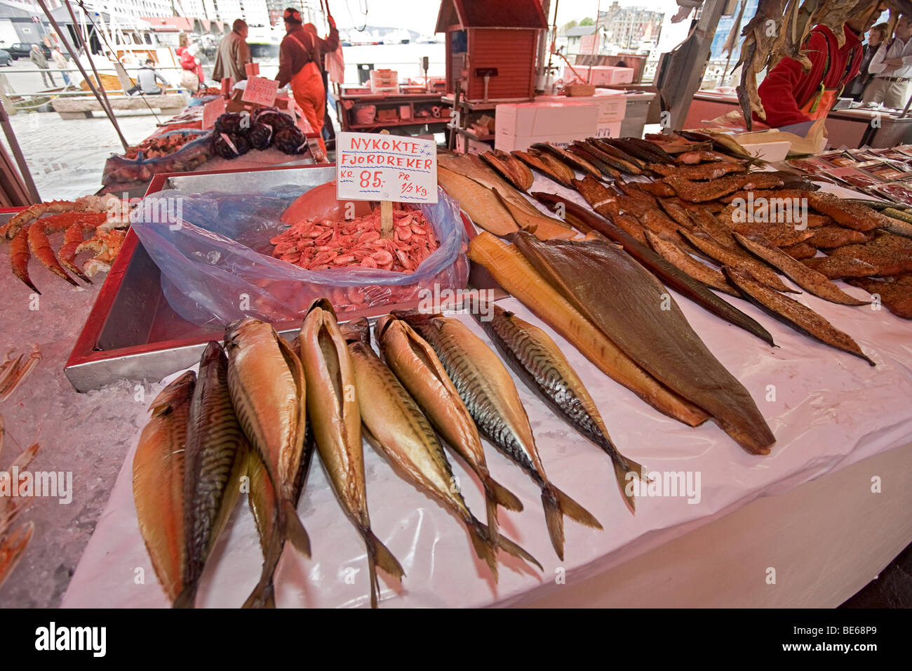 Fish for sale at fish market at the waterfront in Bergen, Norway Stock