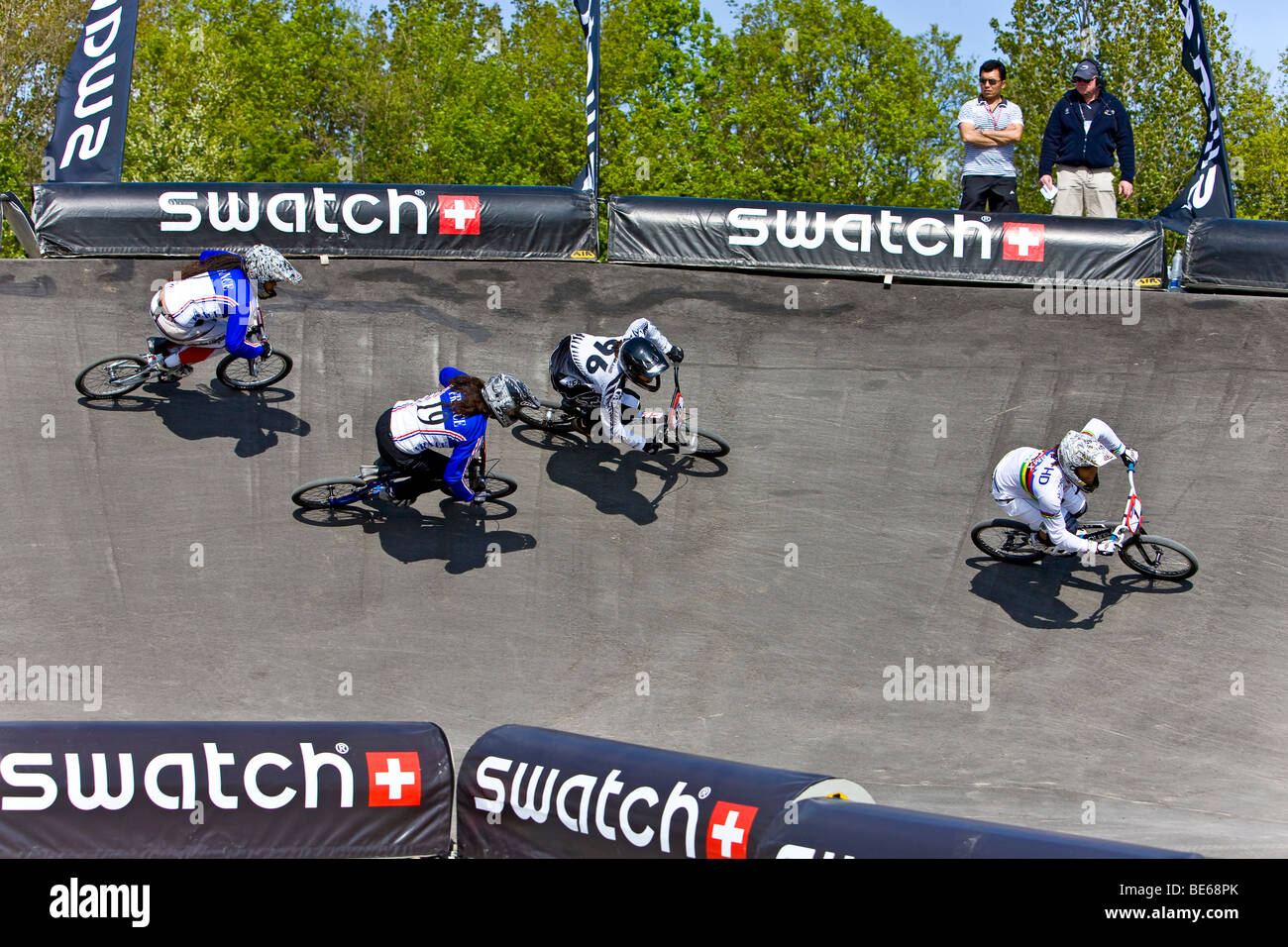 Four racing competitors at the BMX Supercross World Cup in Copenhagen, Denmark, Europe Stock Photo