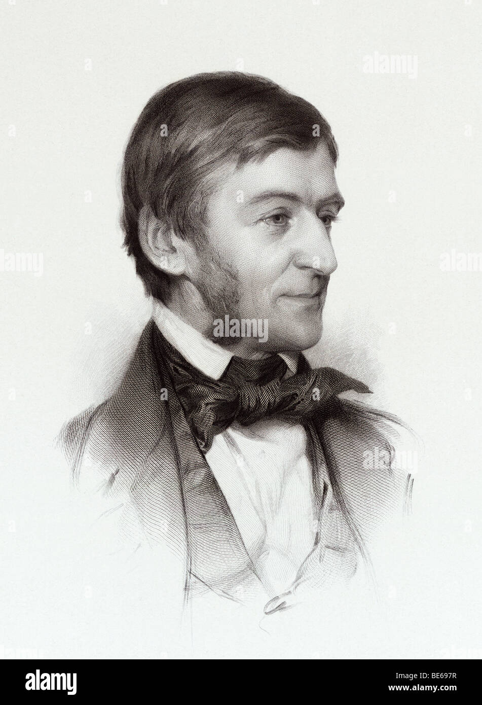 Portrait engraving circa 1878 by Stephen Alonzo Schoff, based on a drawing by Samuel Worcester Rowse, of Ralph Waldo Emerson. Stock Photo