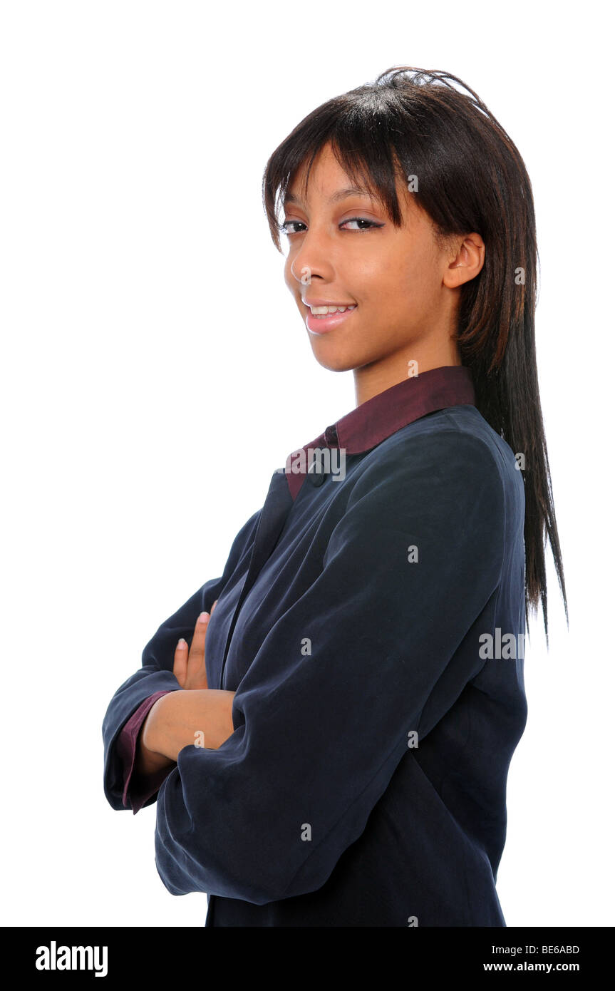 Portrait of young African American businesswoman smiling isolated over ...