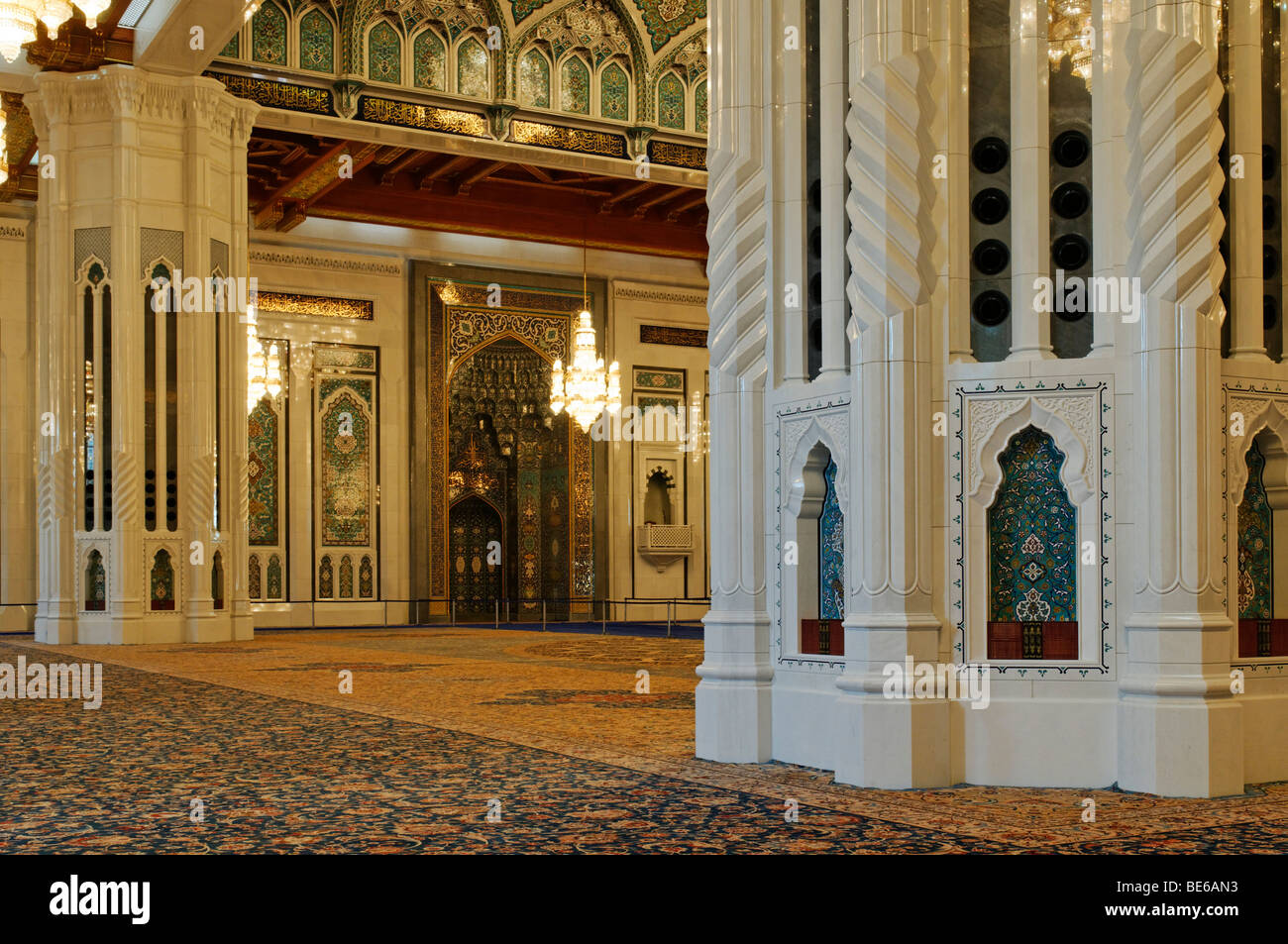 Central prayer hall at Sultan Qaboos Grand Mosque, Muscat, Sultanate of Oman, Arabia, Middle East Stock Photo