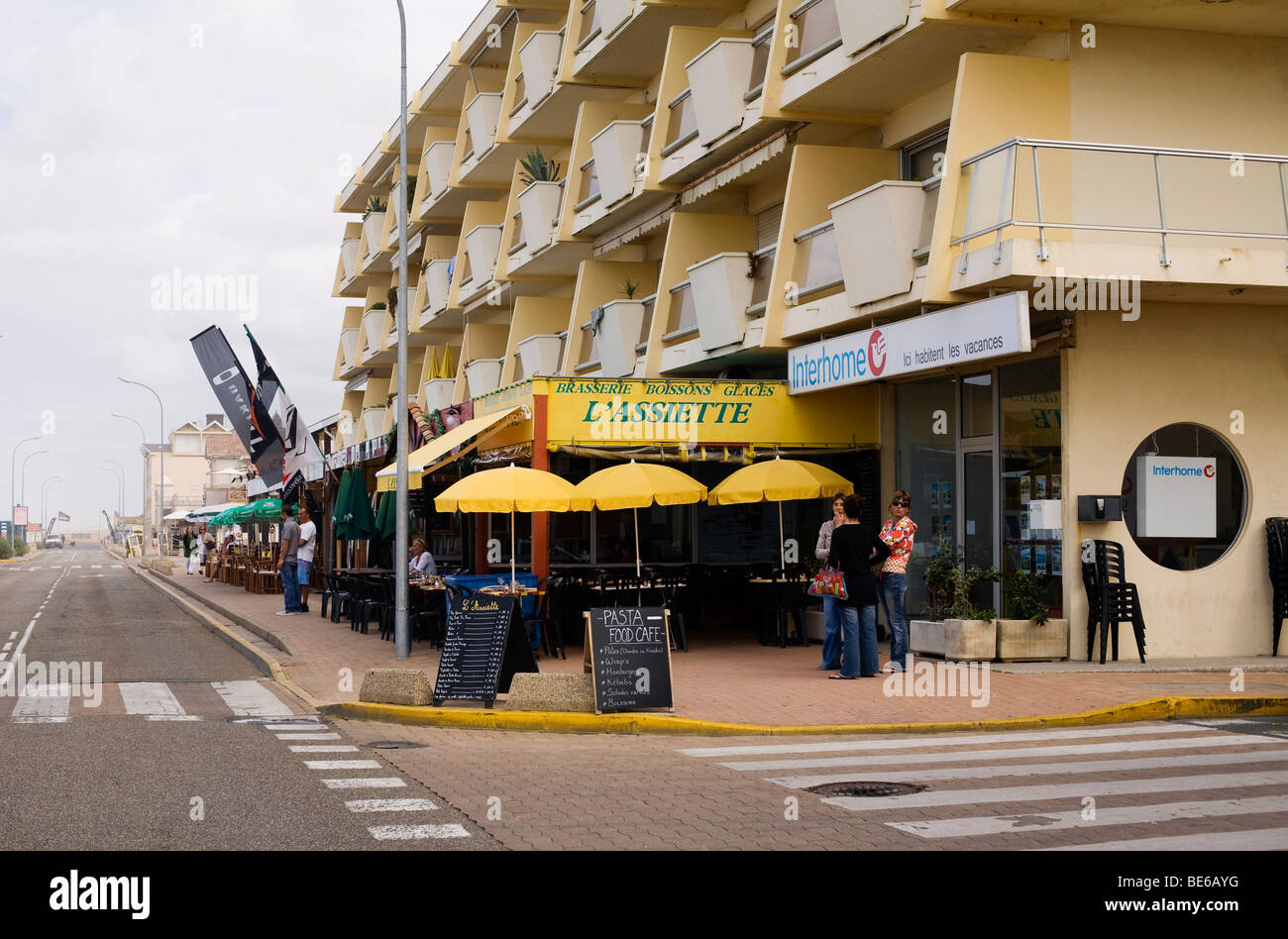Seafront apartments and cafes in Lacanau Ocean out of season on the Atlantic south west coast of France near Bordeaux Stock Photo