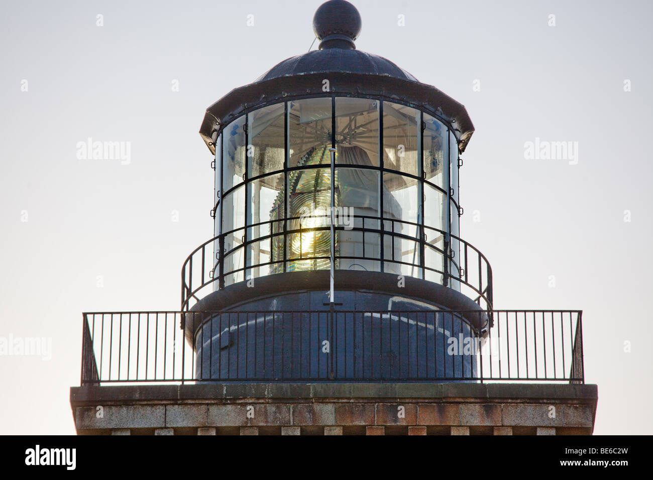 close up on pen men lighthouse top, view on large fresnel lens, groix
