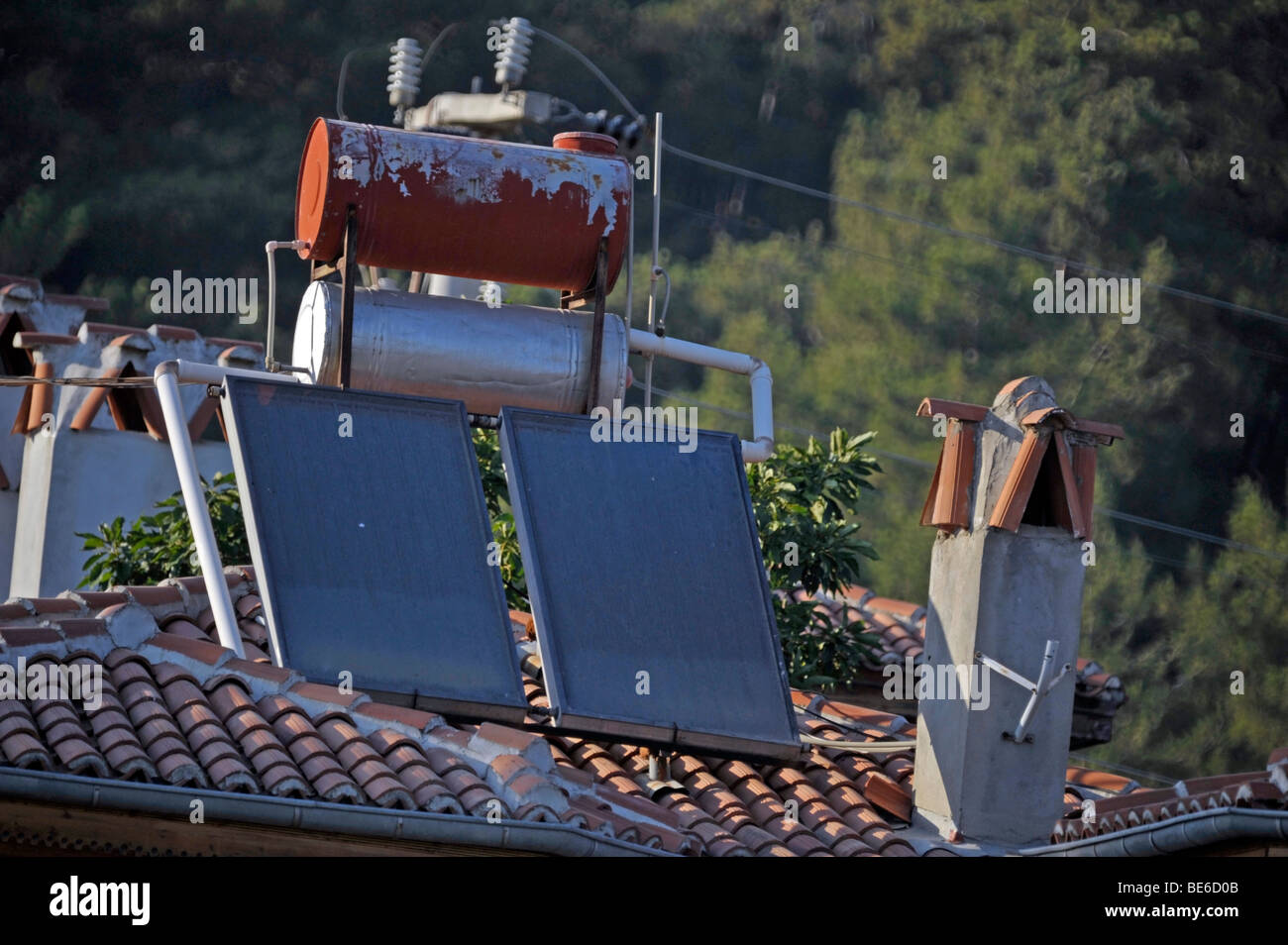 roofop solar water heating system akyaka turkey Stock Photo