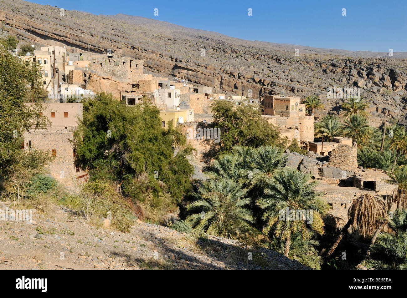 Mountain oasis Wadi Misfah, Hajar al Gharbi Mountains, Dhakiliya Region, Sultanate of Oman, Arabia, Middle East Stock Photo