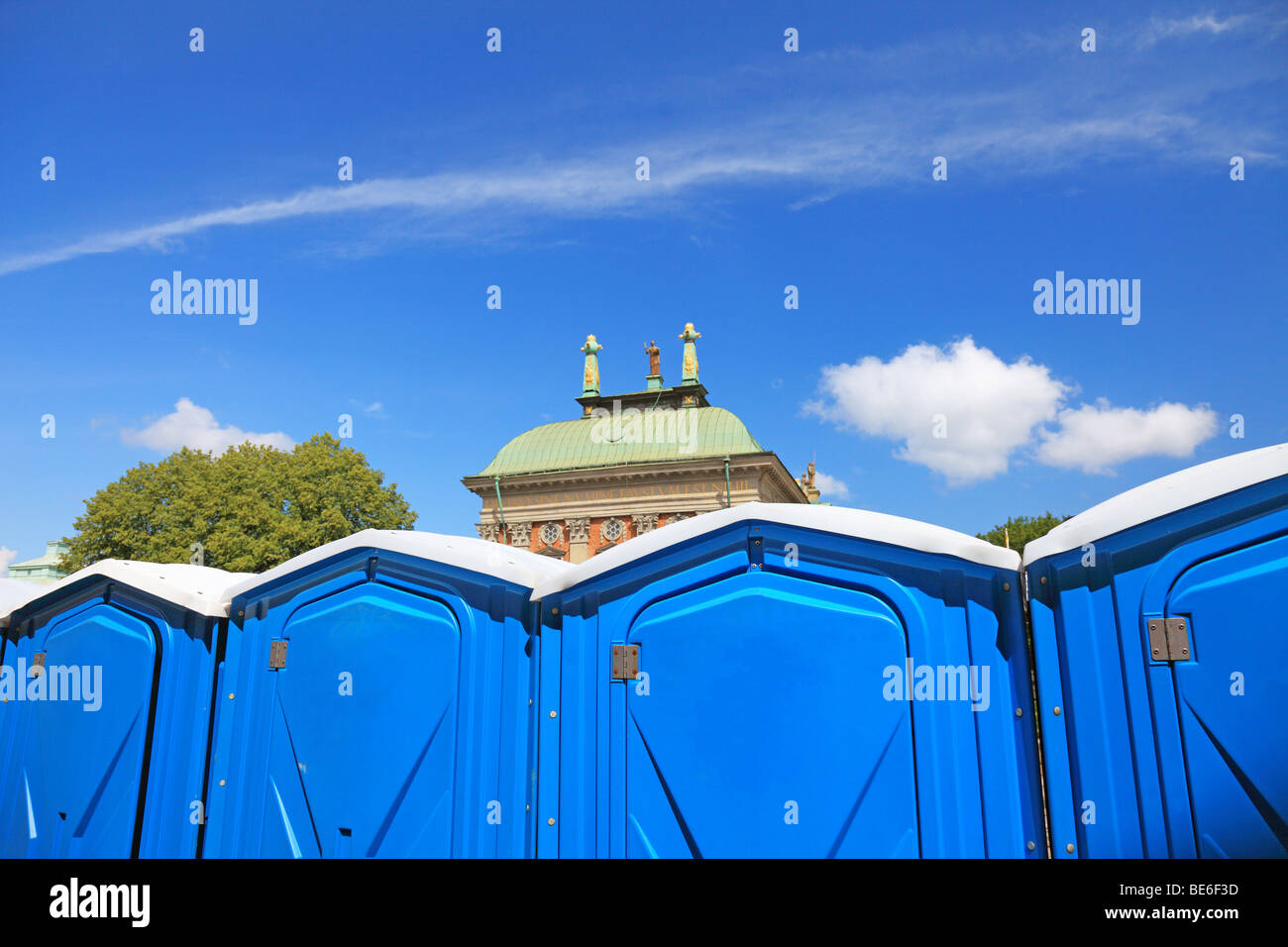 Temporary toilet cabins in center of Stockholm city. Stock Photo