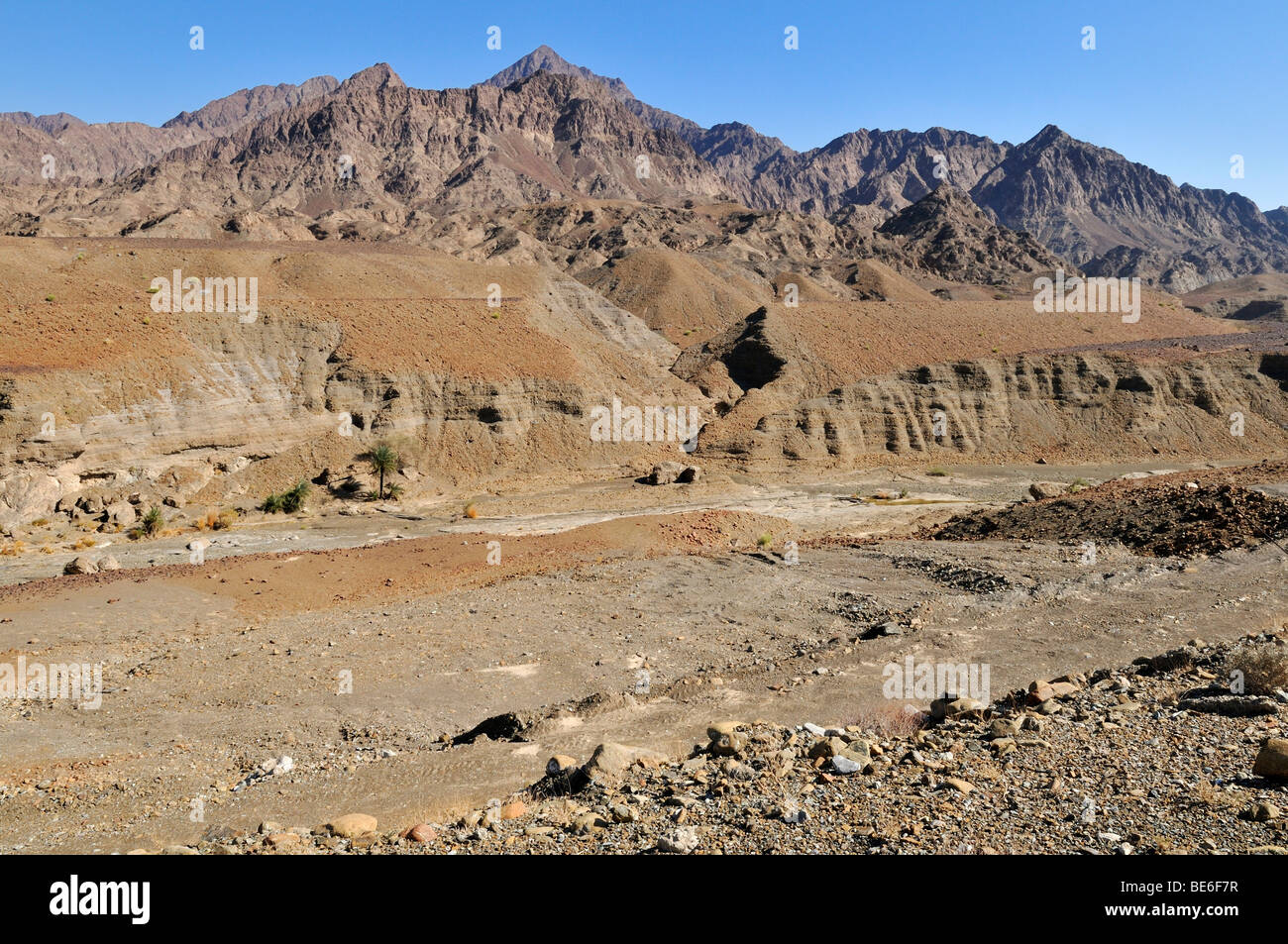 Dry wadi bed, Hajar al Gharbi Mountains, Al Dhahirah region, Sultanate of Oman, Arabia, Middle