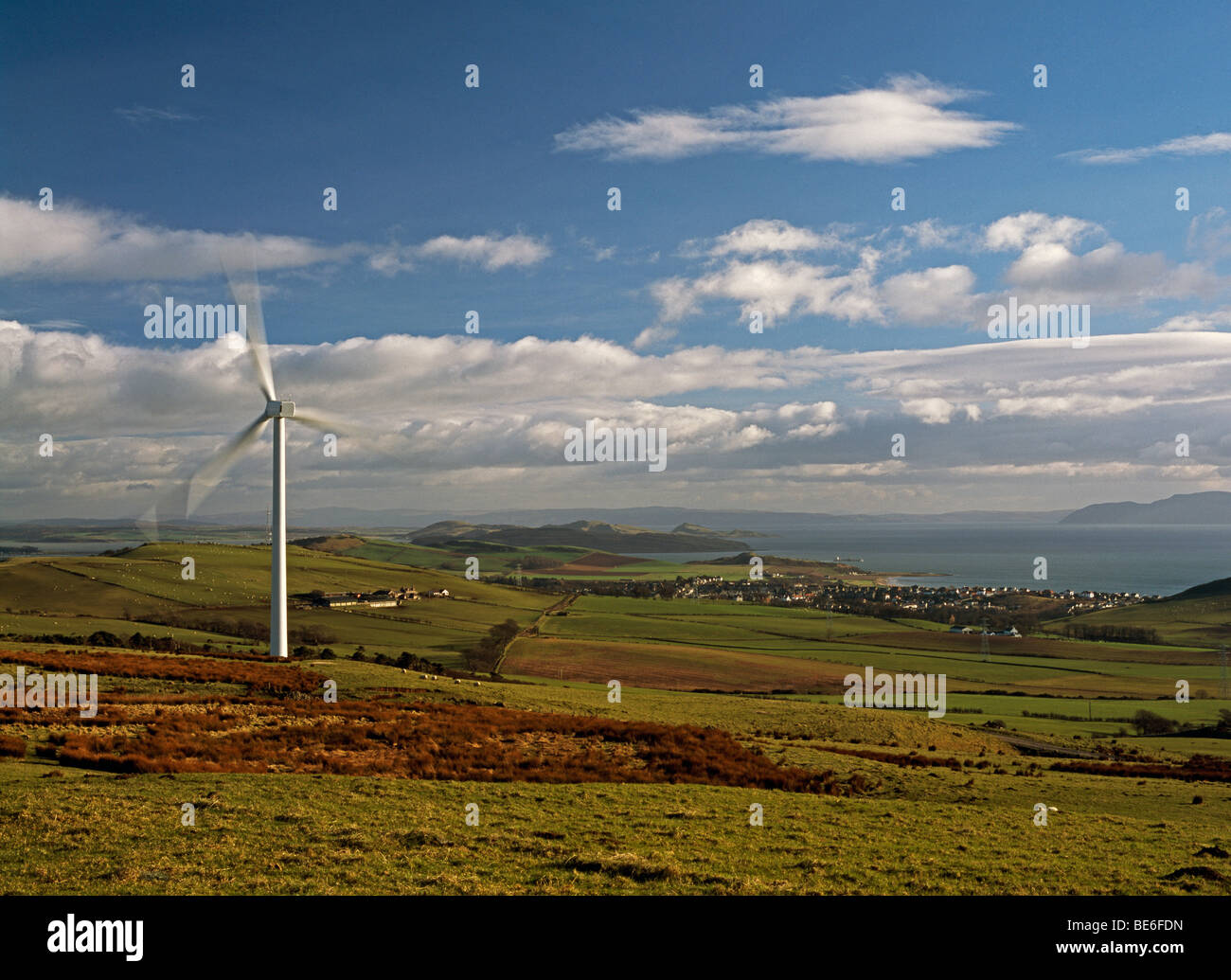 Wind turbine on the hills behind West Kilbride, Ayrshire, on the coast of the Firth of Clyde, Scotland Stock Photo