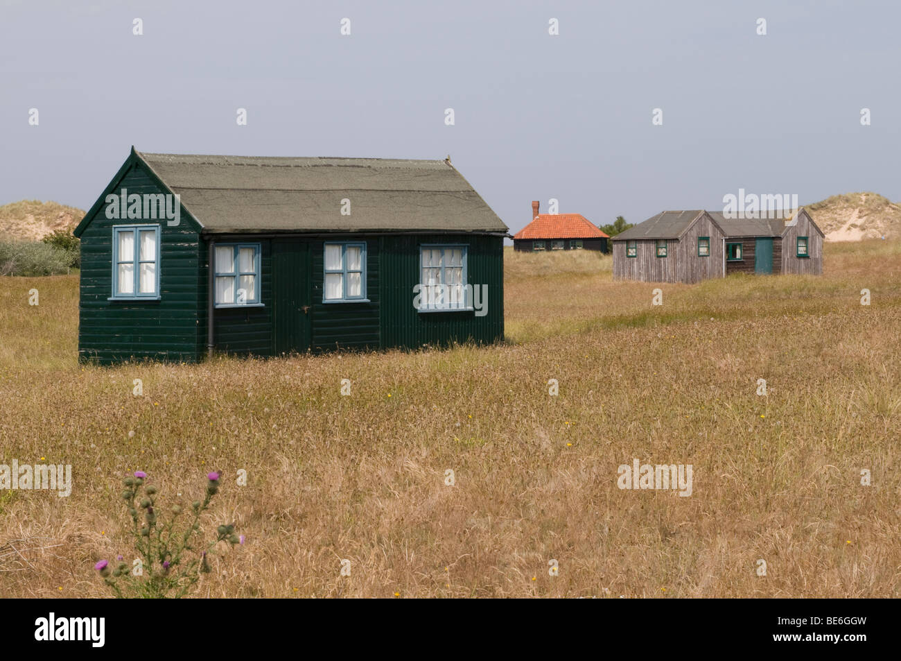 Wooden huts at Blakeney Point, Norfolk. Stock Photo