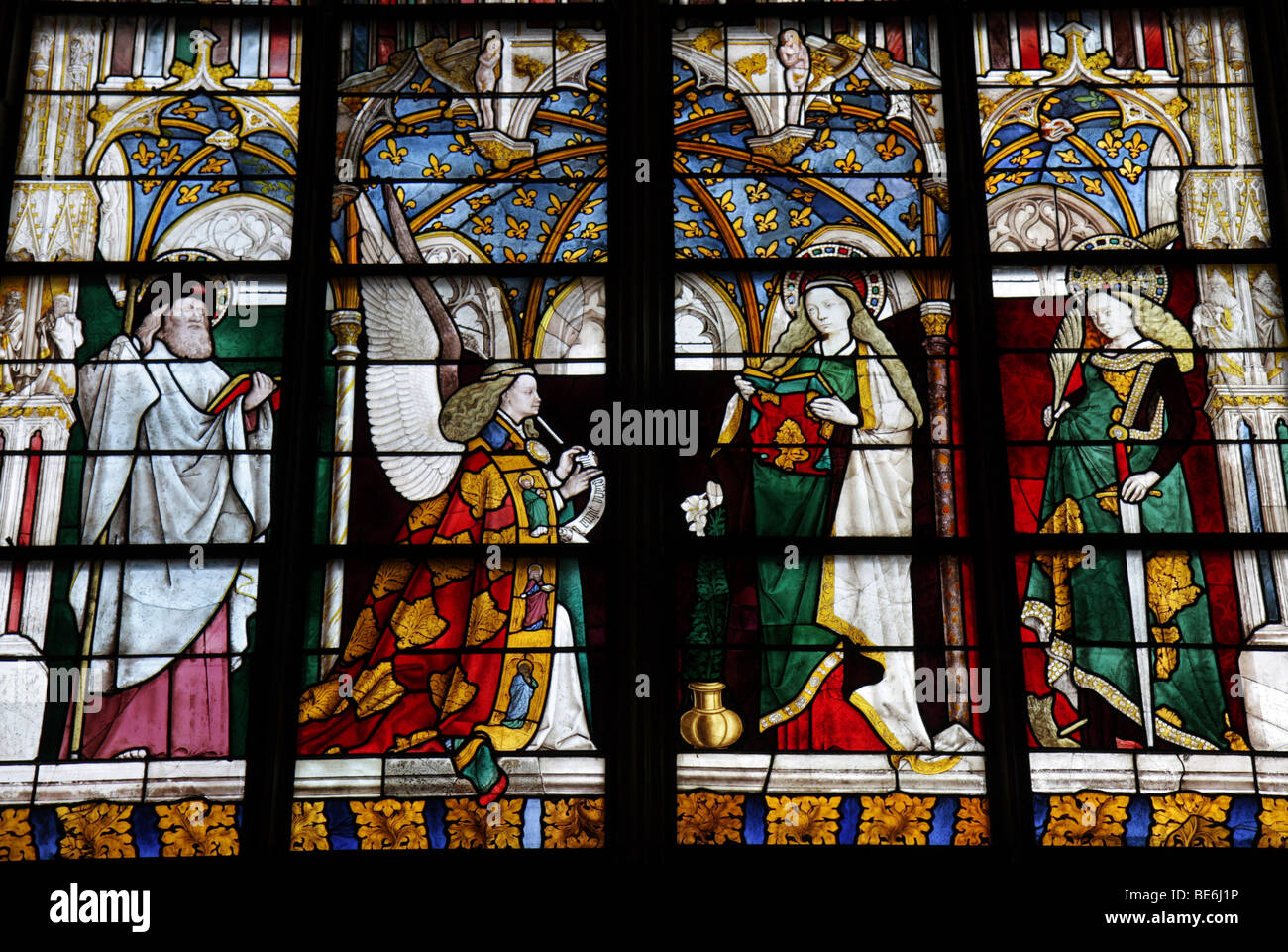 Annunciation, stained glass window, Saint Etienne de Bourges Cathedral, Centre, France, Europe Stock Photo