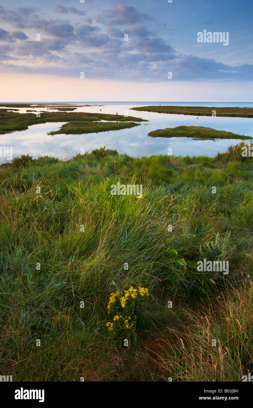 A summer evening overlooking the Harbour entrance and Saltmarshes at Thornham on the North Norfolk Coast Stock Photo