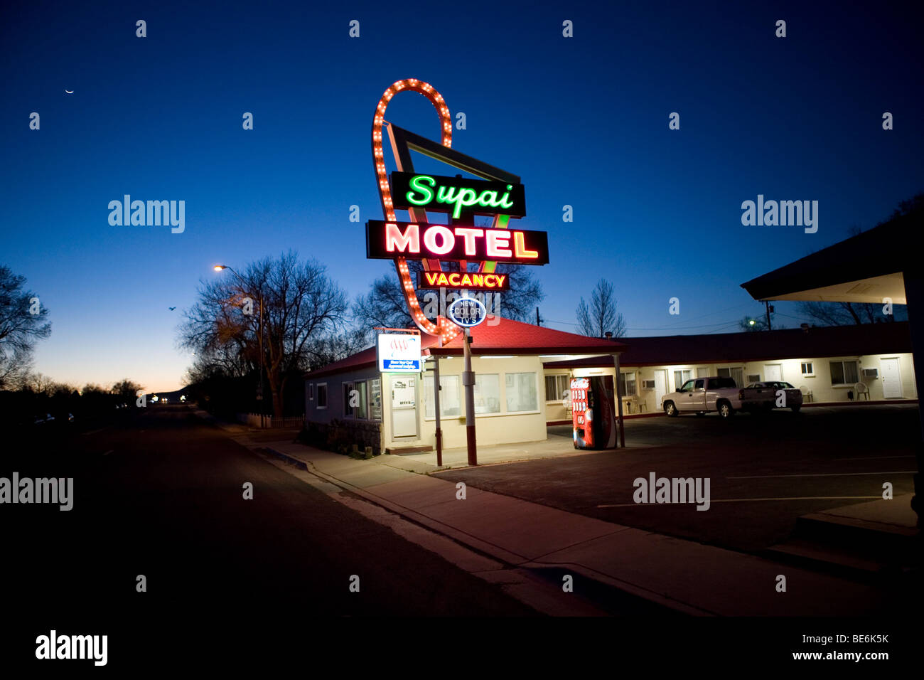 A classic neon motel sign along route 66 in Arizona. Stock Photo
