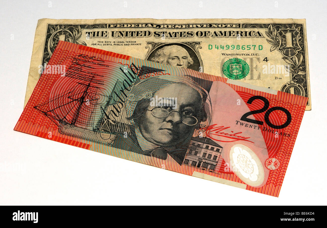 US Dollar and Australian Dollar Bank Notes. Stock Photo