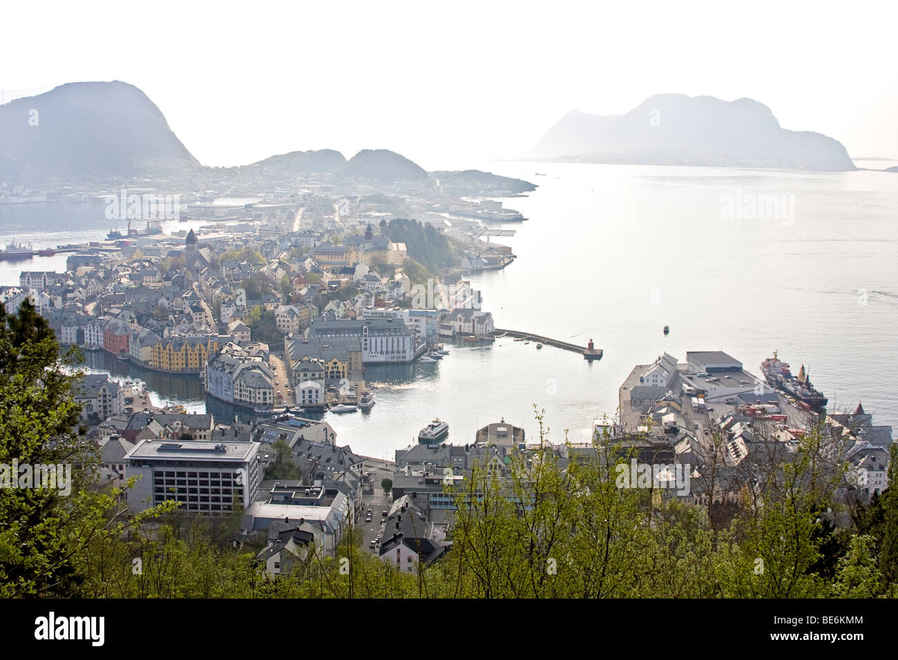 Aerial view of Alesund, the surrounding archipelago and the Sunnmore Alps from Aksla Mountain. Stock Photo