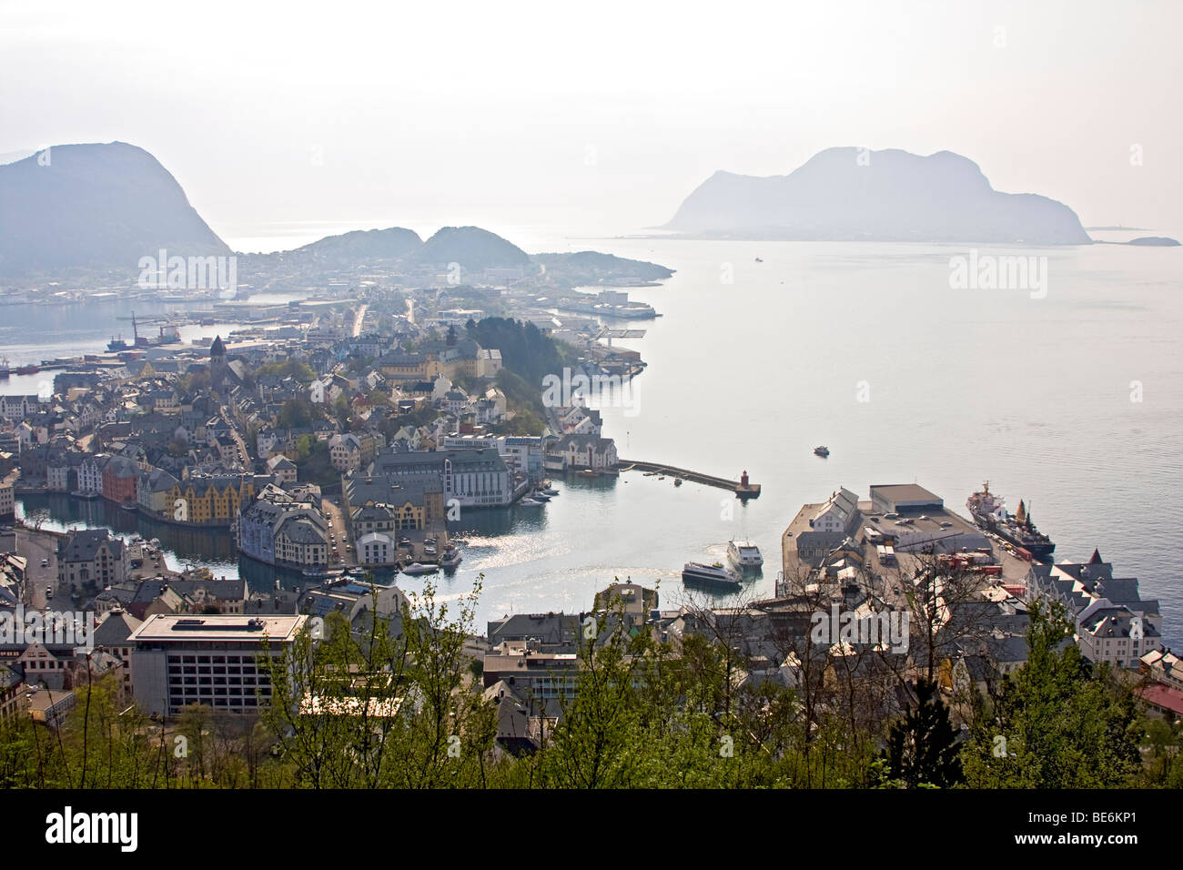 Aerial view of Alesund, the surrounding archipelago and the Sunnmore Alps from Aksla Mountain. Stock Photo