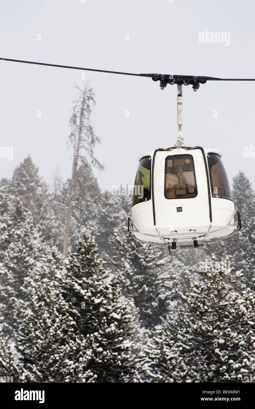 Overhead cable car moving past snow-covered trees Stock Photo