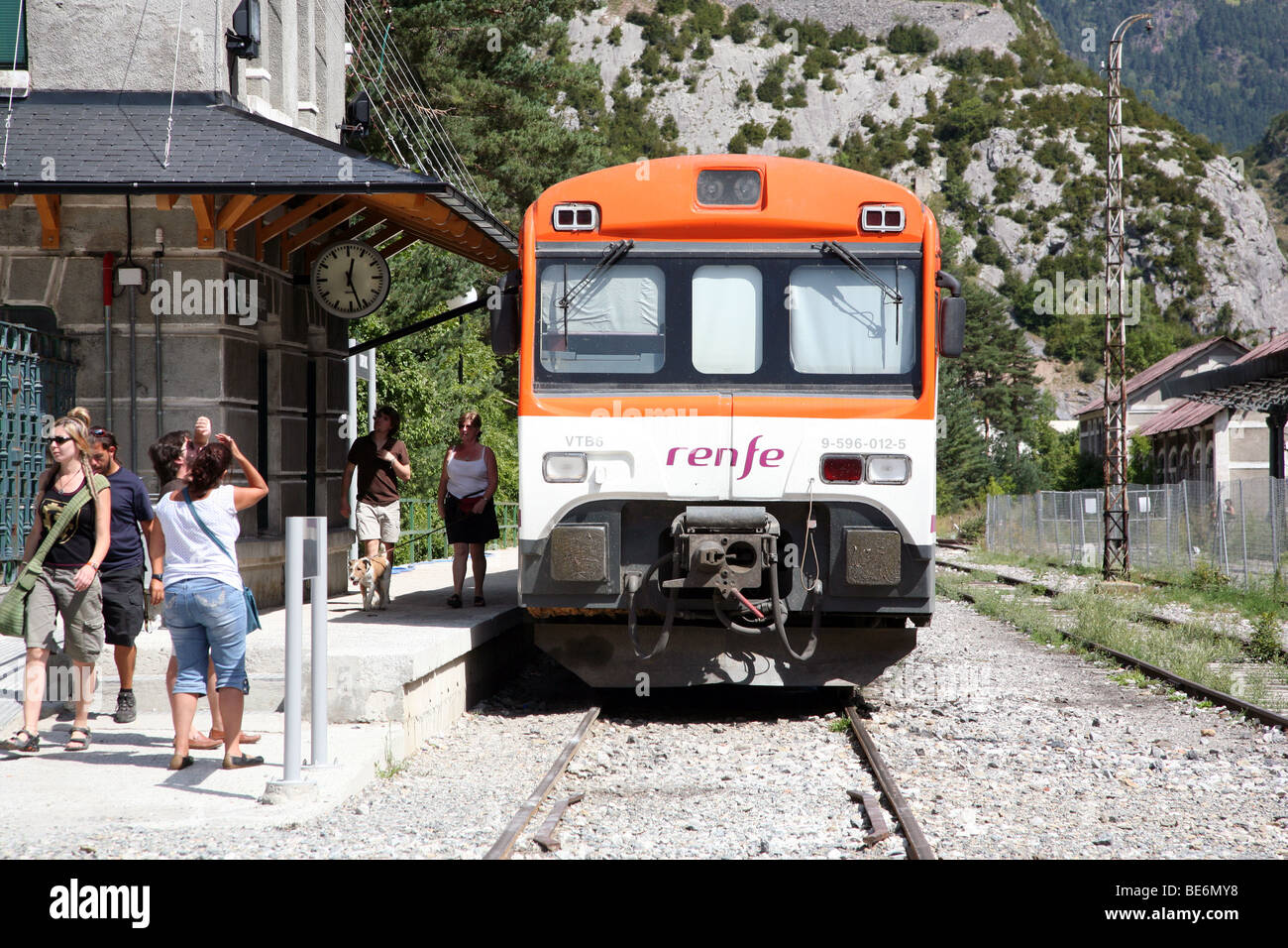 Spanish railways RENFE train in Canfranc station in Pyrenees Stock Photo