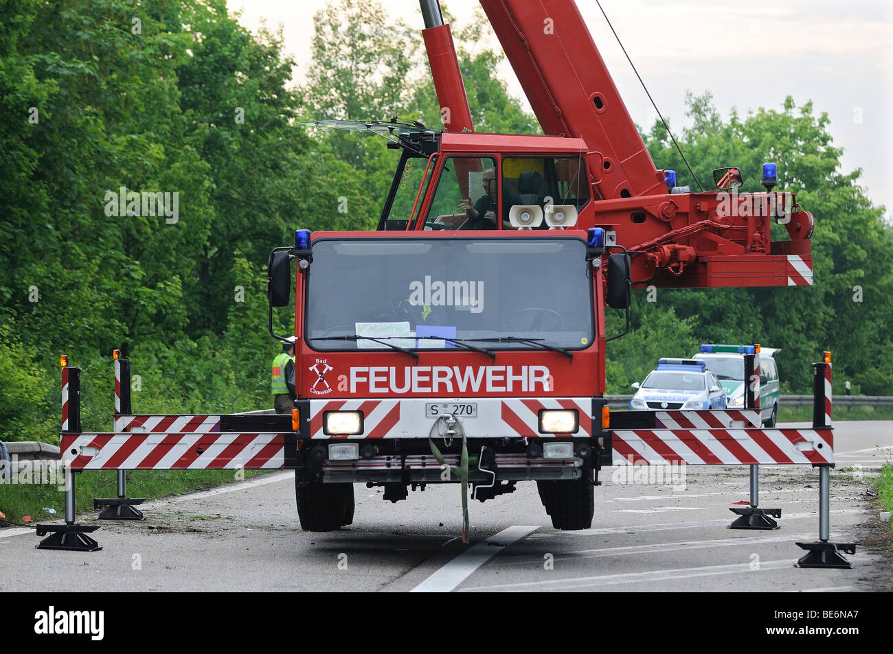 Recovery of a car damaged in an accident by a fire brigade-mobile crane, Stuttgart, Baden-Wuerttemberg, Germany, Europe Stock Photo