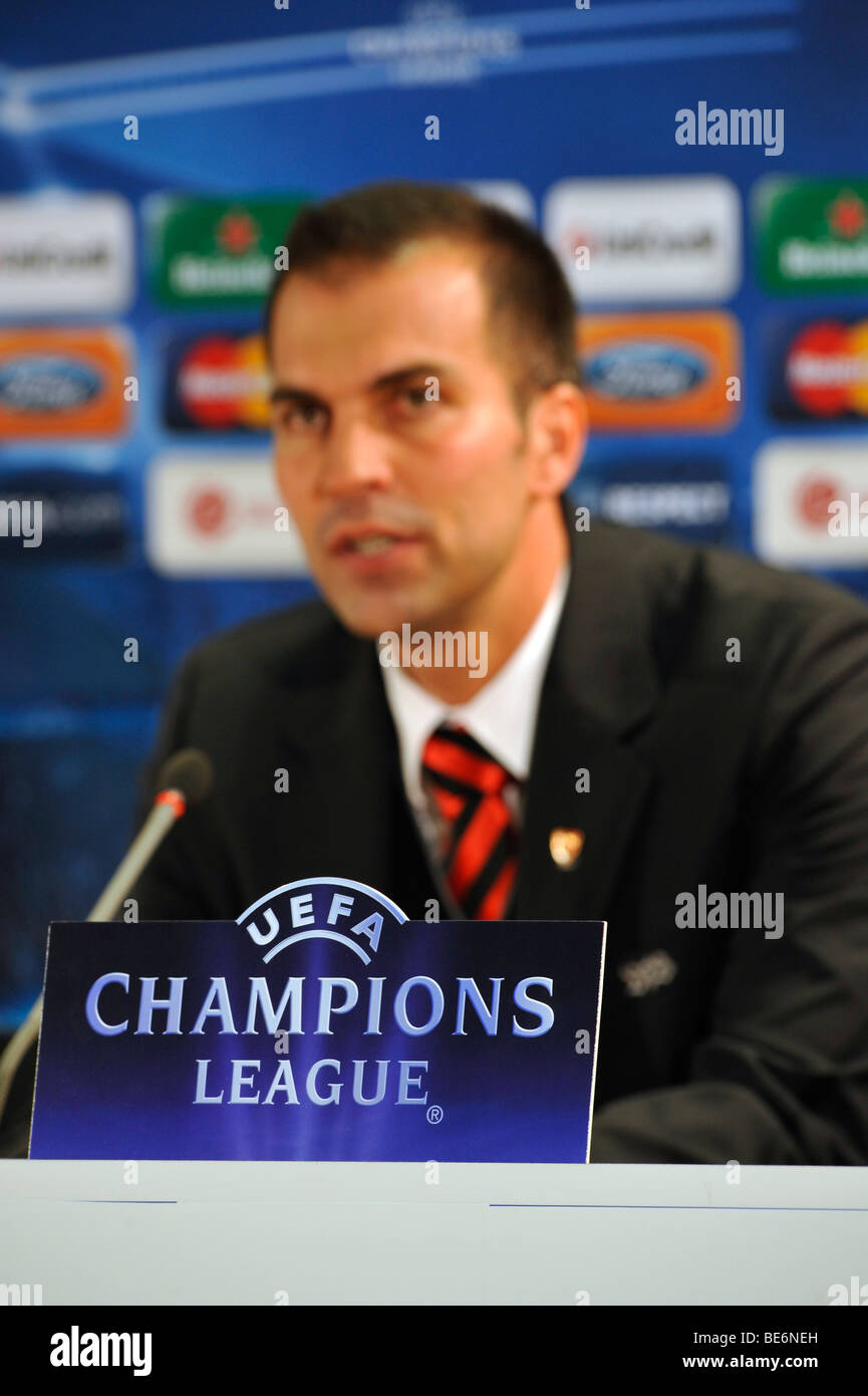 Coach Markus Babbel, VfB Stuttgart, UEFA Champions League logo on the microphone, press center, Mercedes-Benz Arena, Stuttgart, Stock Photo