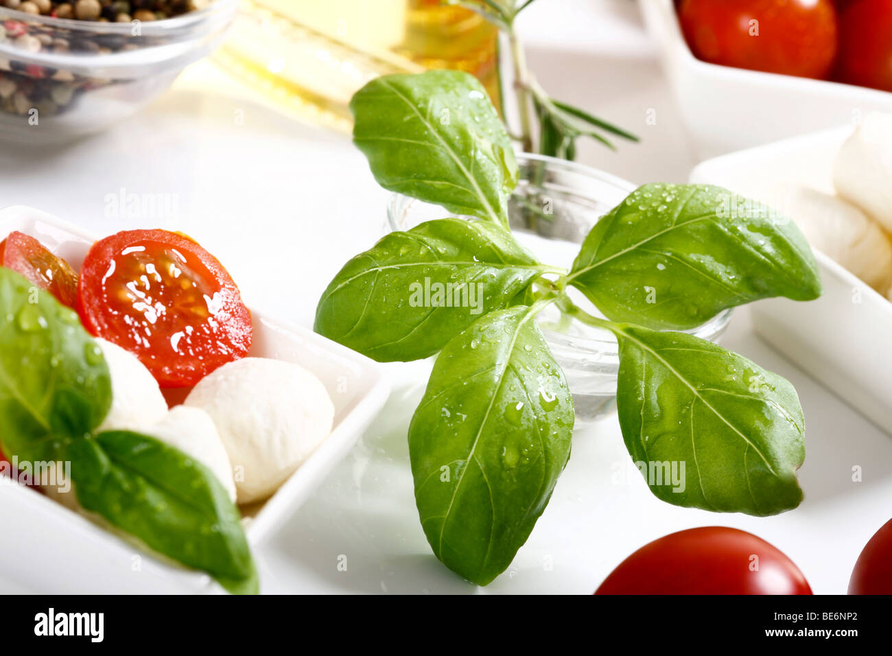 Basil next to tomatoes and mozzarella Stock Photo