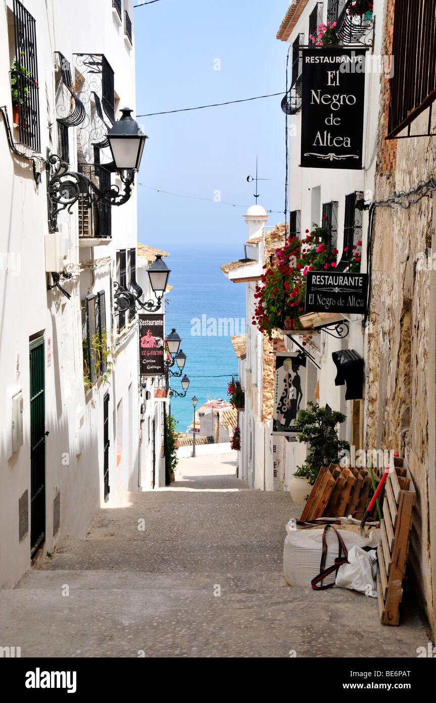 Alley with a view to the sea, Altea, Costa Blanca, Spain, Europe Stock Photo