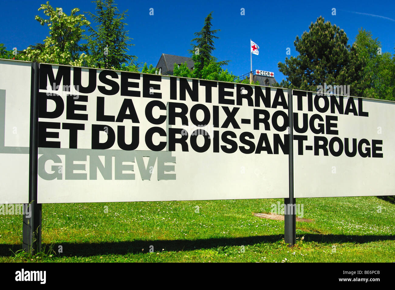 At the entrance to the International Red Cross and Red Crescent Museum in Geneva, headquarters of the International Committee o Stock Photo