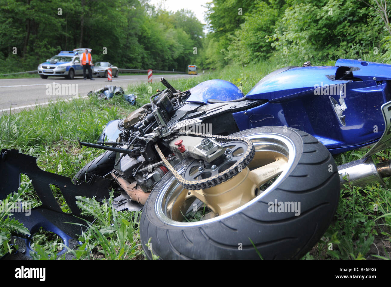 Motorcycle after severe accident, Gerlingen, Baden-Wuerttemberg, Germany, Europe Stock Photo