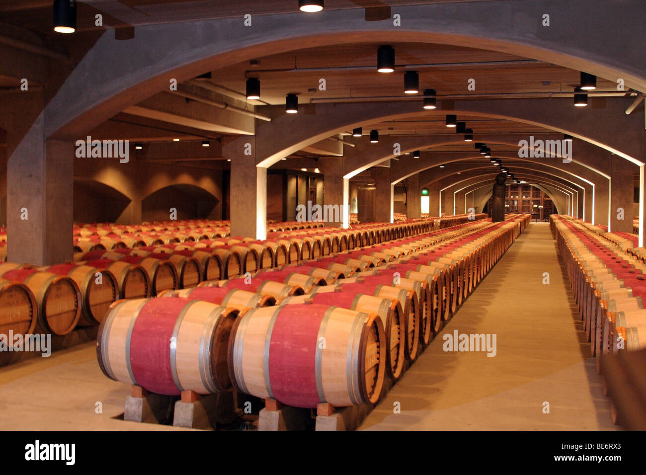 Rows of wine barrels in the cellar of a Napa Valley Vineyard Stock