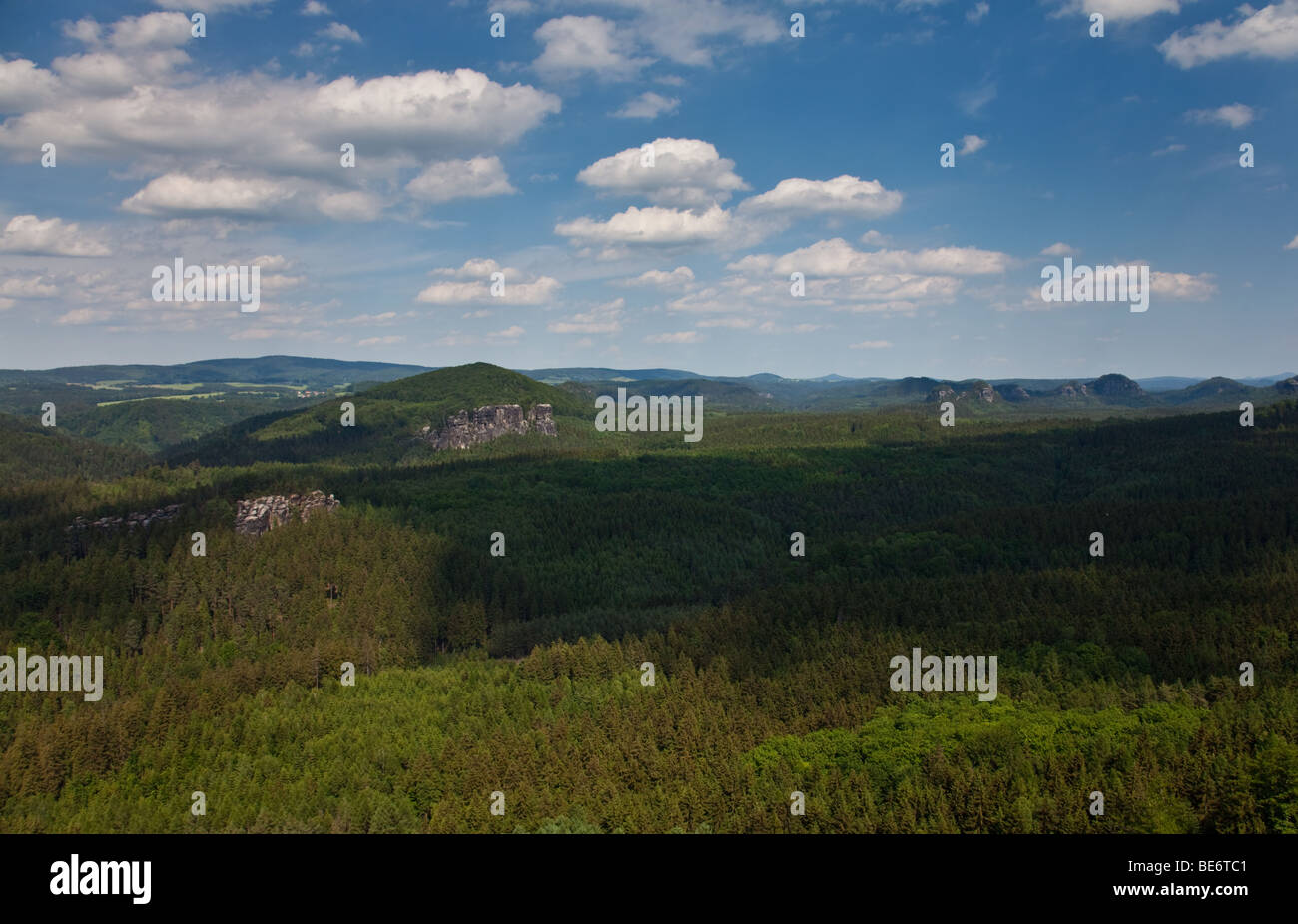 Panoramic view over the scenery of national park 'Sächsische Schweiz' in Saxony, Germany Stock Photo