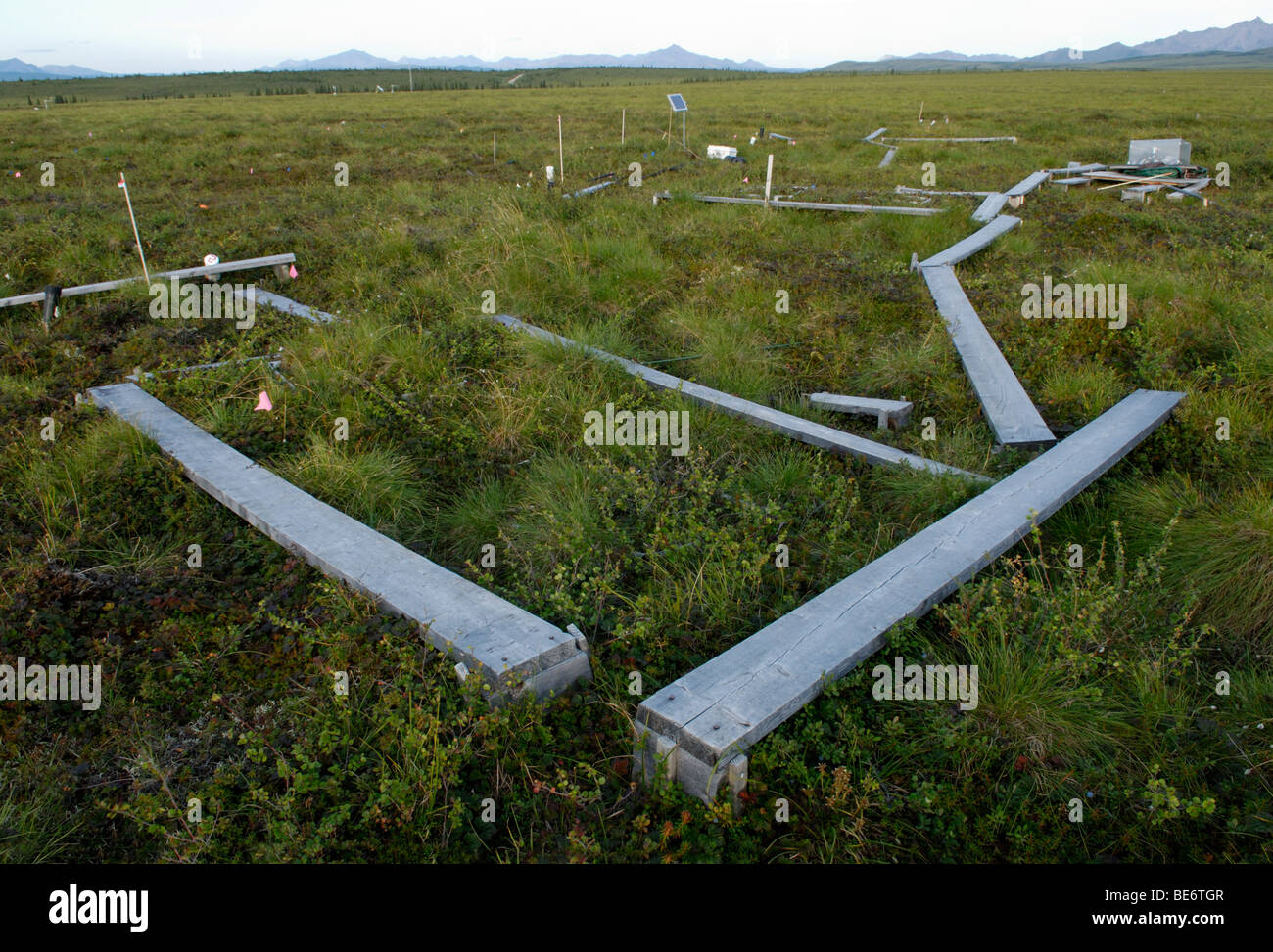 Climate change research site, Alaska.  Carbon dioxide release from thawing permafrost is measured along with tundra growth. Stock Photo