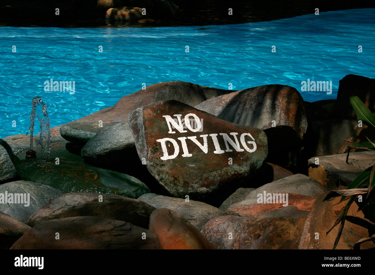 No Diving sign Swimming pool, Papillon Lagoon reef Hotel, Diani Beach, Mombasa, Kenya, Africa Stock Photo