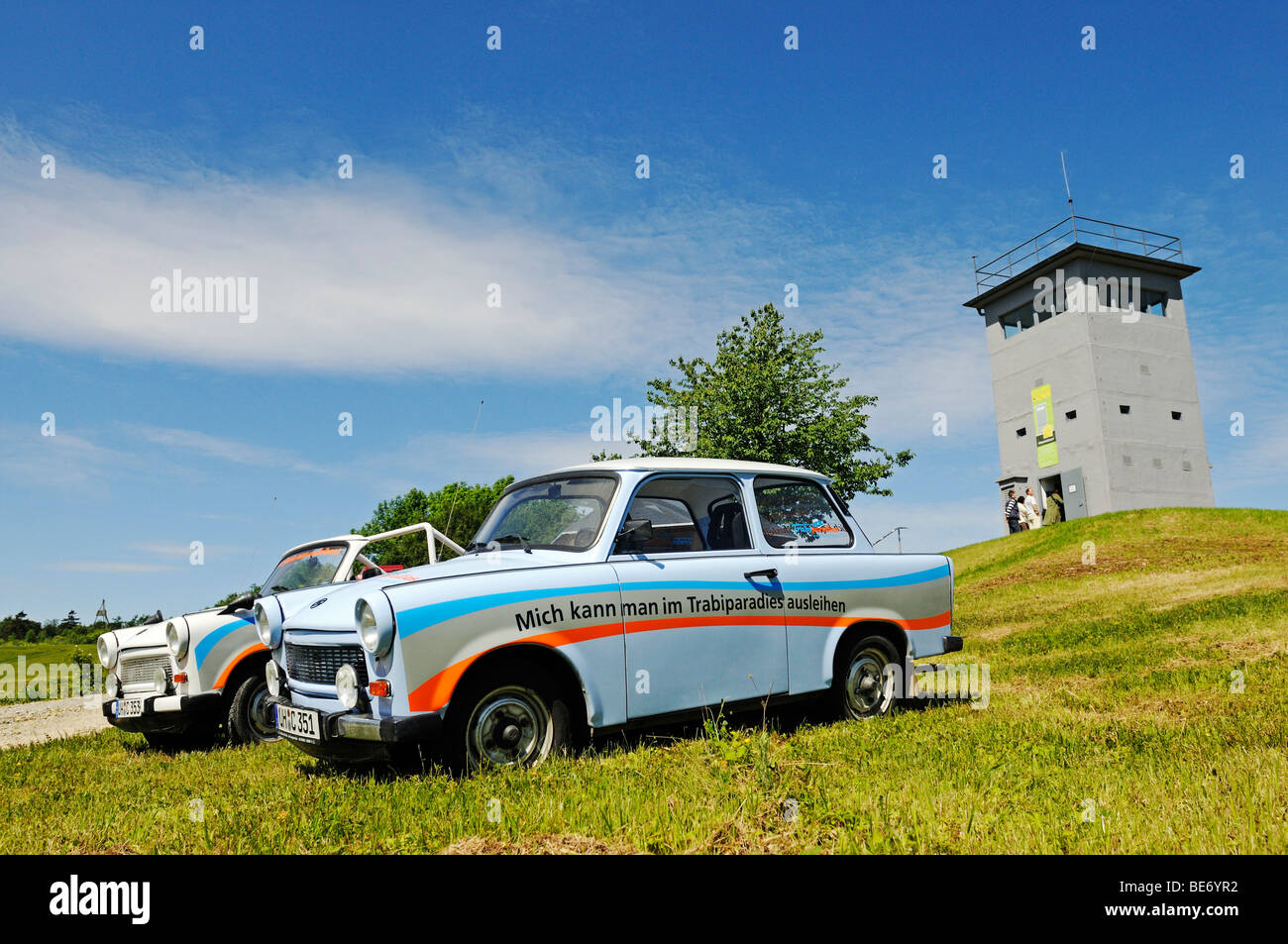 Trabi car in front of the museum and memorial in the border tower Katharinenberg at the former inner-German border, Thuringia,  Stock Photo