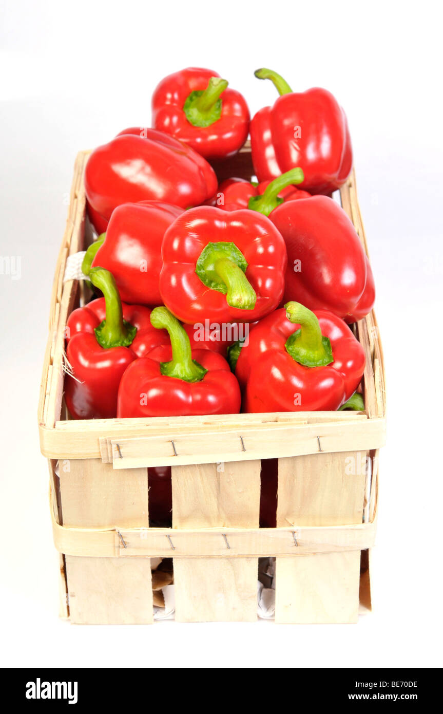 Red Bell Peppers (Capsicum) in a basket Stock Photo