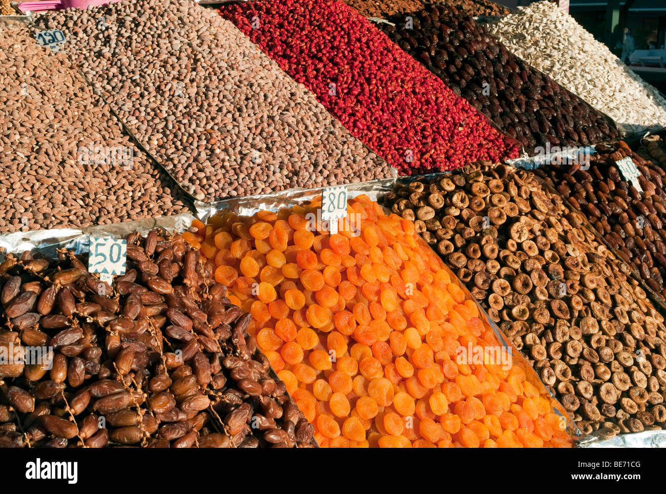 Dried fruit, nuts and dates in a market, Djemaa el-fna Marrakech, Morocco, Africa Stock Photo