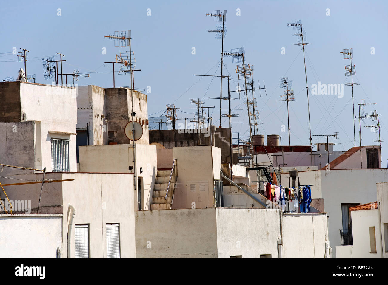 TV antennas in the historic centre of Peniscola, Costa Azahar, Spain, Europe Stock Photo