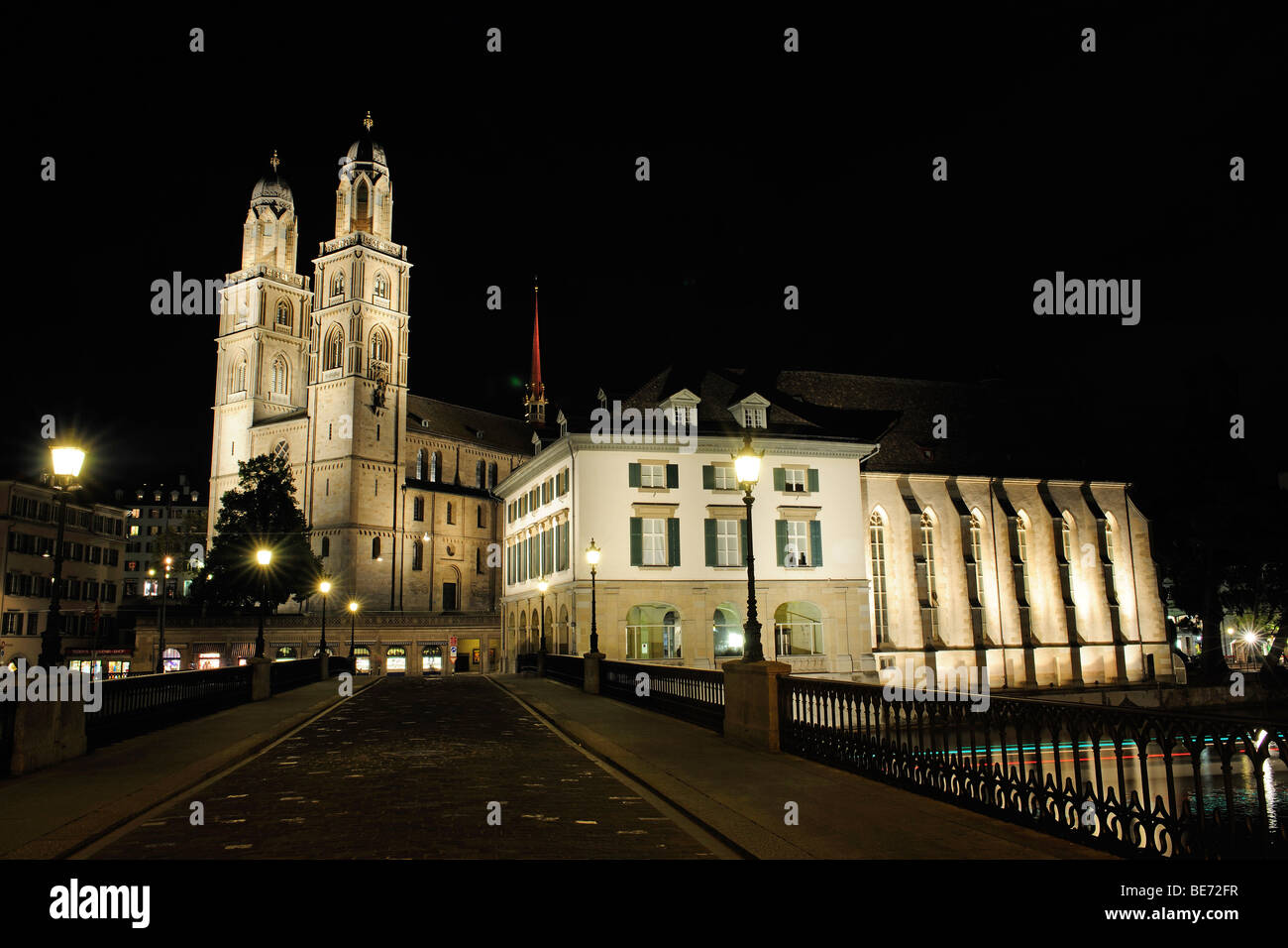 The twin towers of the Grossmuenster Church, landmark of the city, next to the Wasserkirche, 'Water Church', Zurich, Switzerlan Stock Photo