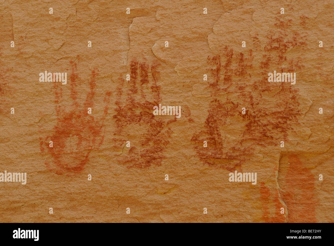 Pictographs, hand prints of 9 Anasazi Indians, about 900 years old, Cold Springs Cave near Bluff, Utah, USA Stock Photo
