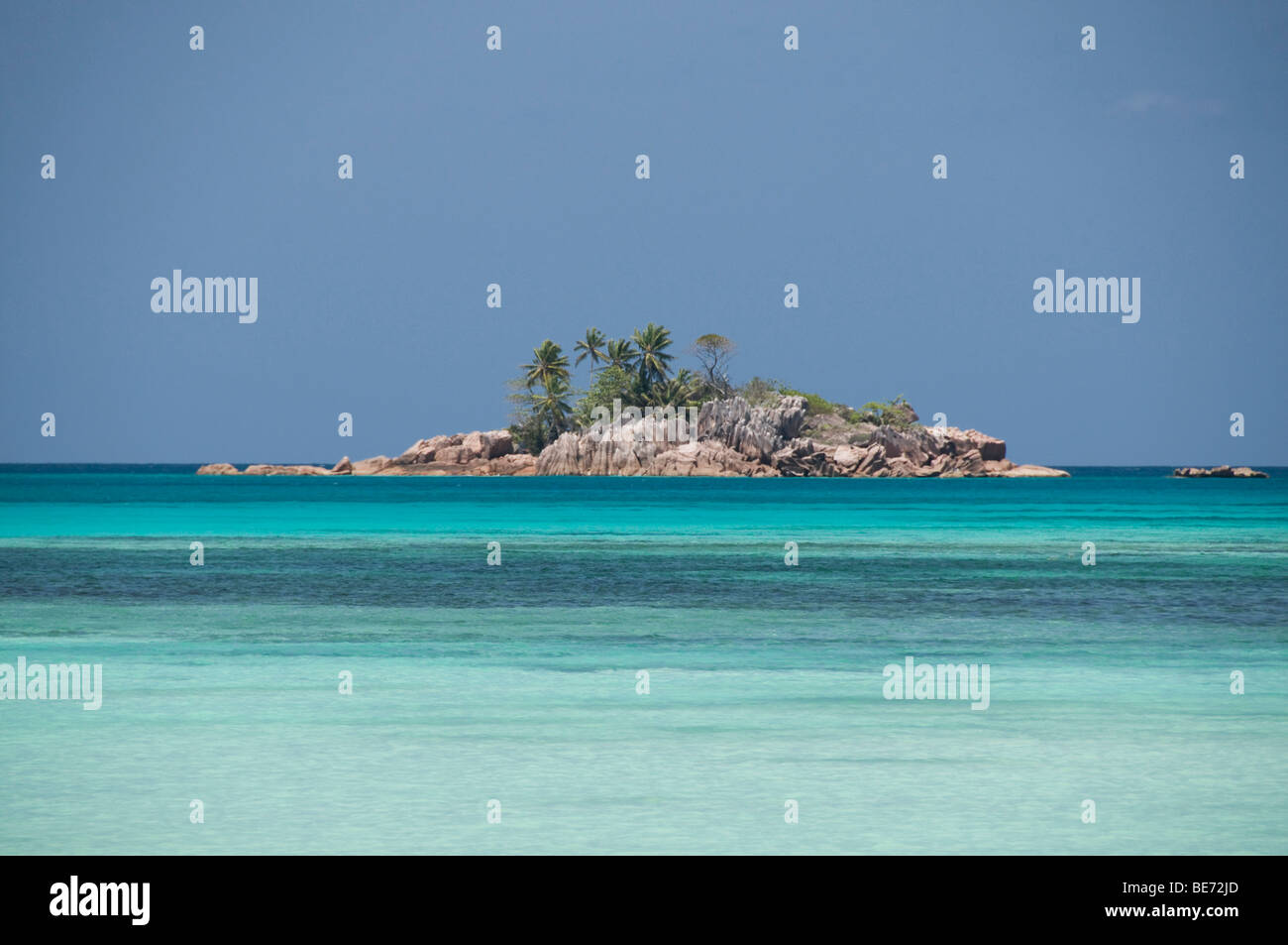 St. Pierre granite islet at Anse Volbert, Cote d'Or, Praslin Island, Seychelles, Africa, Indian Ocean Stock Photo
