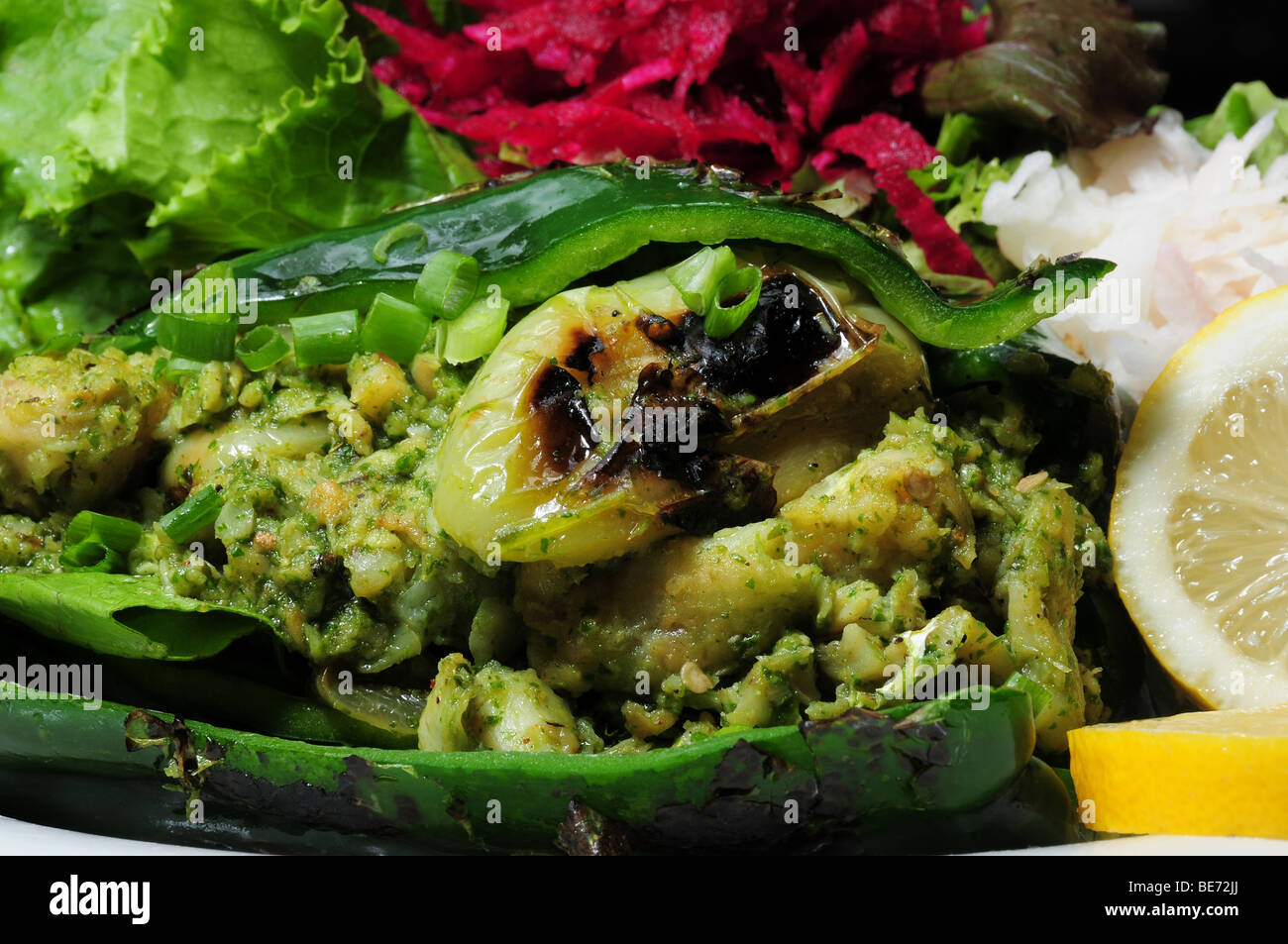 Poblano Relleno de Bacalau. Cafe Poca Cosa, Tucson, Arizona, USA, offers Mexican cuisine. Stock Photo