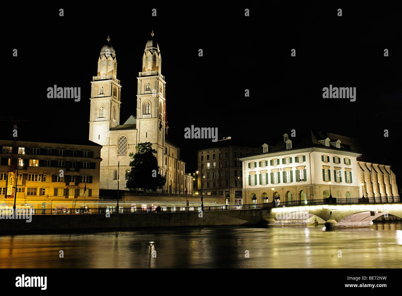 The landmark of Zurich, the twin towers of the Grossmuenster Church, and the Wasserkirche, 'Water Church' to the right, the Lim Stock Photo