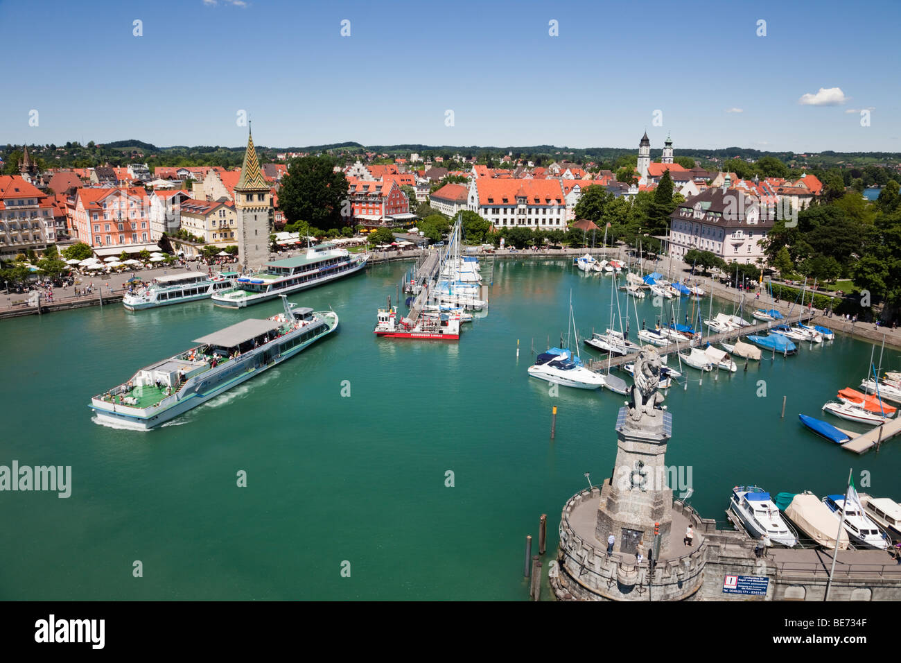 Aerial view of boats in harbour and picturesque old town waterfront on Lake Constance (Bodensee). Lindau, Bavaria, Germany, Europe Stock Photo