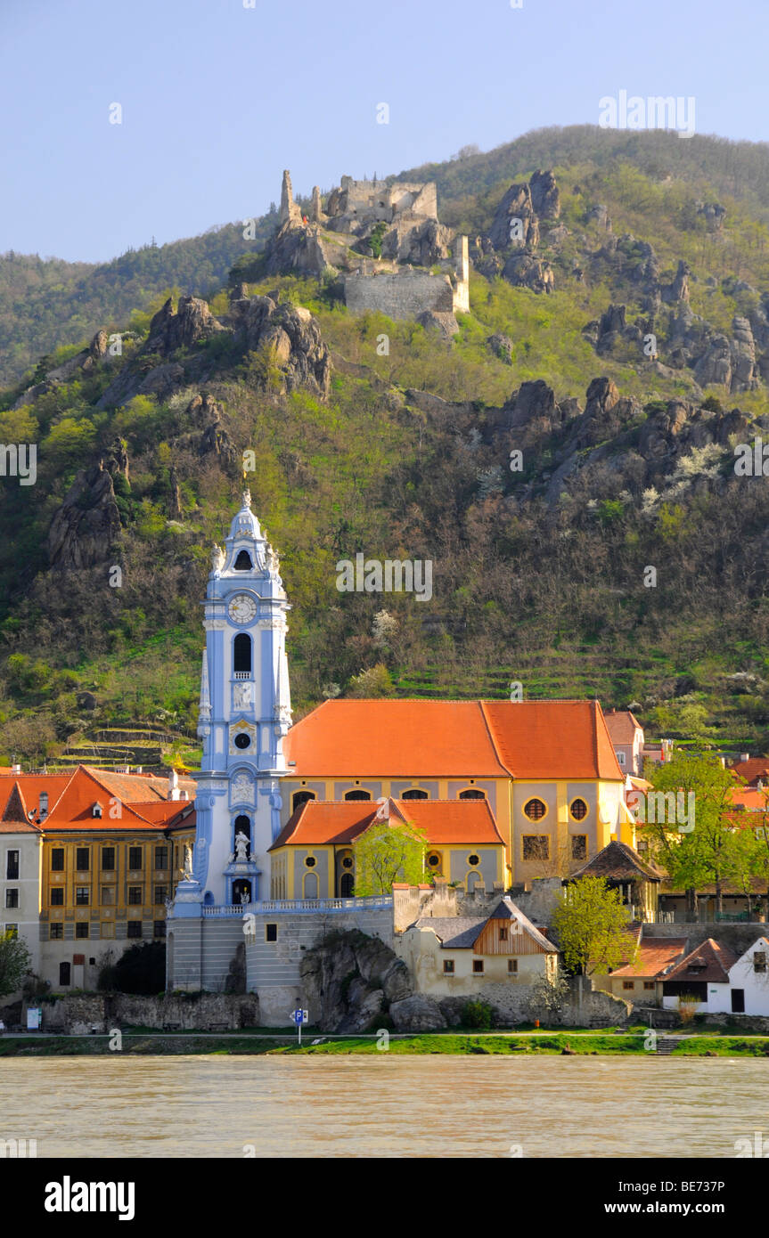 Overlooking the Danube River towards the town and castle ruins of ...